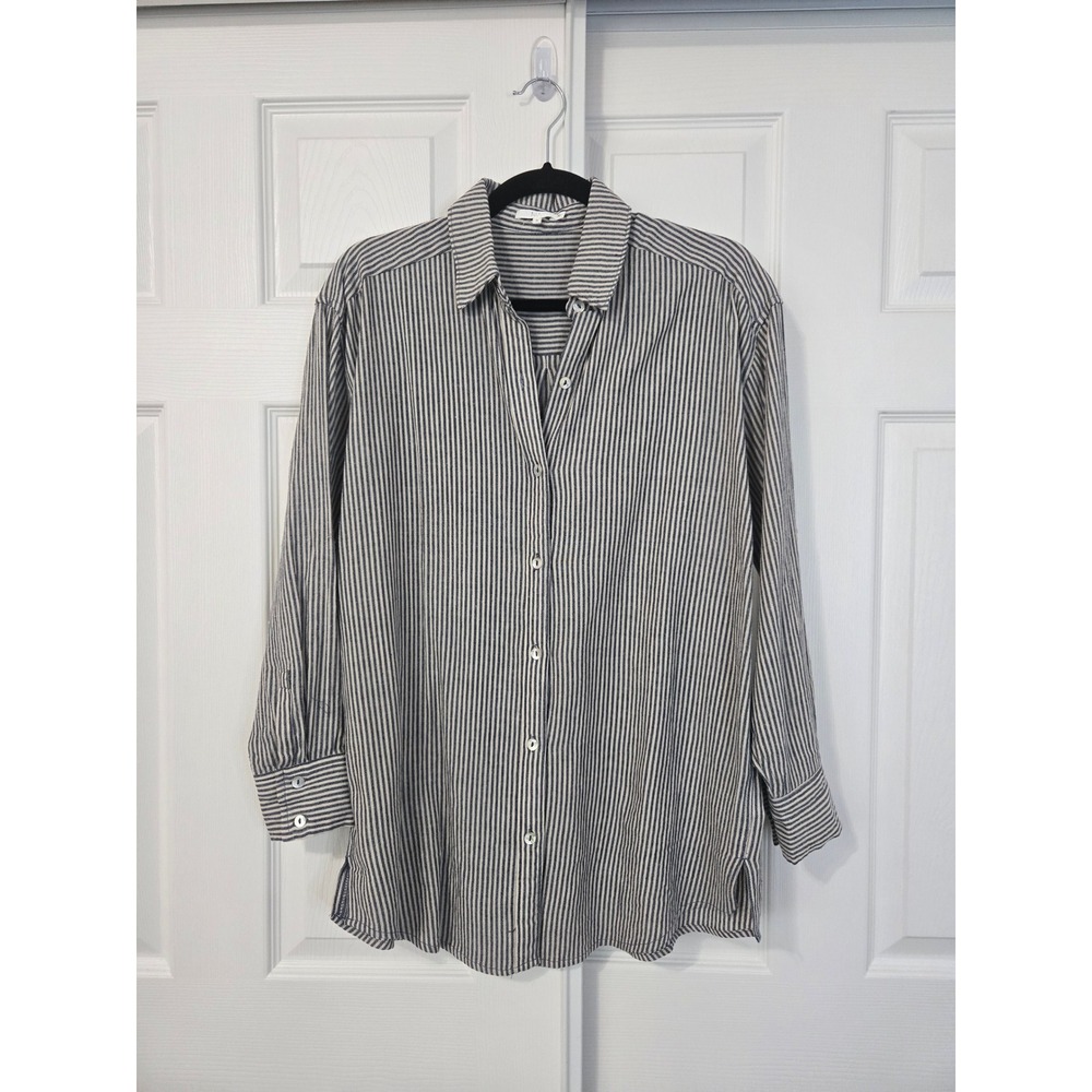 NIA Womens Navy Blue White Striped 100% Cotton Button Down Shirt Small NT-795
